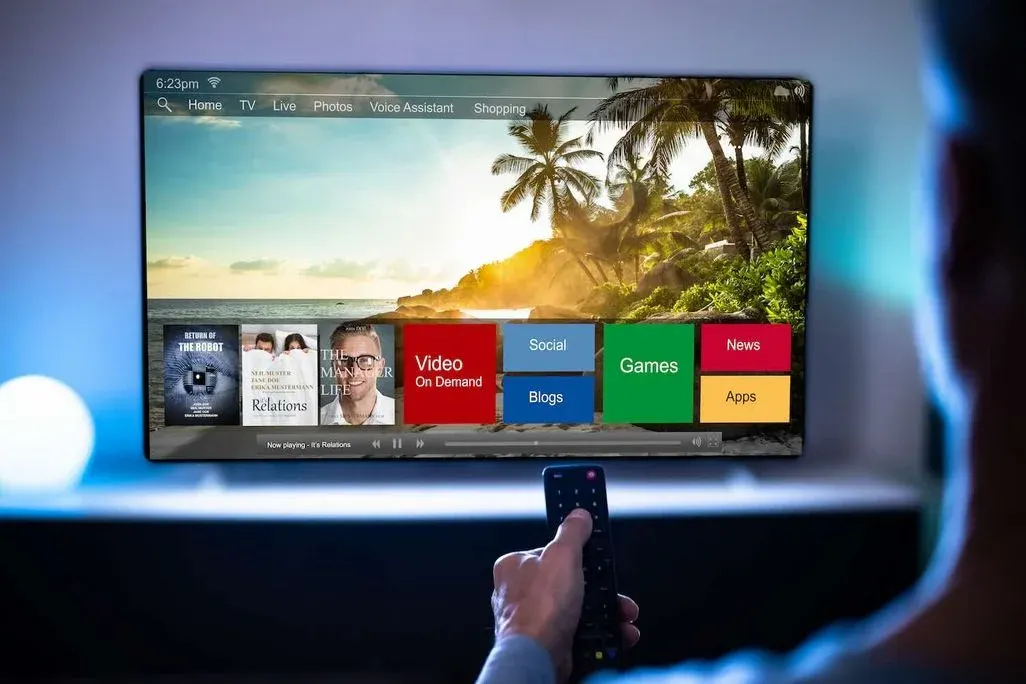 Hand hält Fernbedienung vor Smart TV mit Streaming-Interface. Menü zeigt Kategorien: Video On Demand, Games, News, Social, Blogs, Apps. Tropischer Hintergrund.