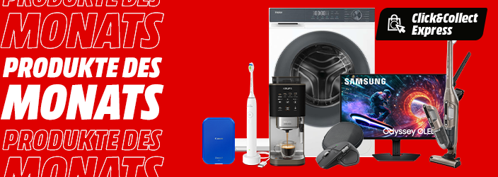 Roter Hintergrund. MediaMarkt Produkte des Monats mit Samsung Waschmaschine, Gaming-Monitor und Haushaltsgeräten, verfügbar mit Click&Collect Express