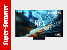 Produktbild eines TVs. Links befindet sich ein roter Balken mit der weißen Aufschrift „Super Sommer“.