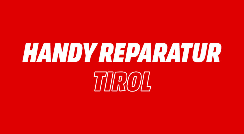 Bild mit rotem Hintergrund. Text im Bild: Handy Reparatur Tirol