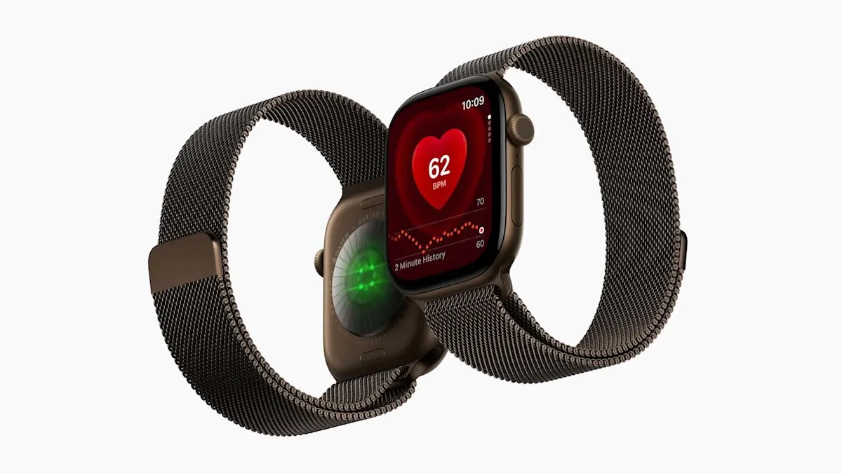 Apple Watch Series 12 mit Ansicht der Herzfrequenzmessung und den rückseitigen grünen LEDs.