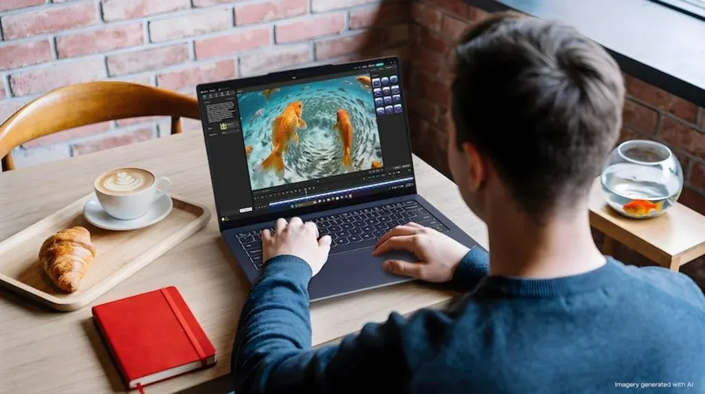 Mann bearbeitet Bilder auf einem Lenovo Laptop in einem Café mit Kaffee, Croissant und Notizbuch.