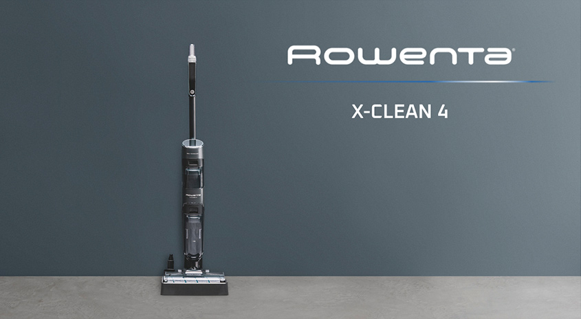 Ein grauer Staubsauger steht vor einer grauen Wand. Das Logo von Rowenta und der Schriftzug X-Clean 4 sind zu sehen.