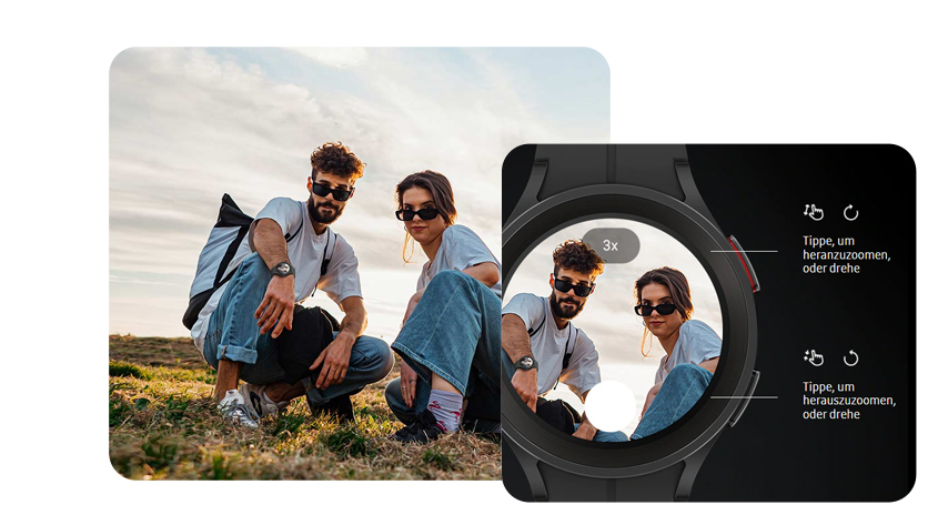 Drei Personen machen ein Foto, das auf einer Smartwatch mit Zoomfunktion angezeigt wird.
