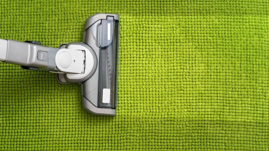 Grauer Staubsaugerkopf reinigt einen strukturierten, hellgrünen Teppich und hinterlässt eine sauberere Spur.