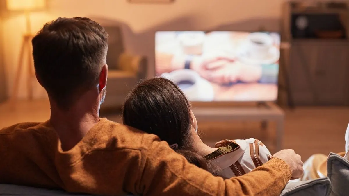 Zwei Personen sitzen von hinten auf einem Sofa, schauen auf einen Fernseher mit unscharfem Bild in einem warm beleuchteten Raum.