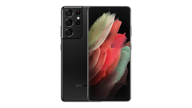 Schwarzes Smartphone mit mehreren Kameras auf der Rückseite und einem Display mit abstraktem, farbigem Muster.