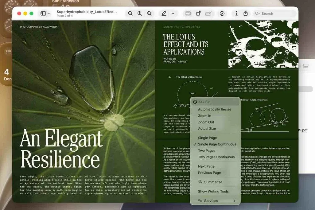 Screenshot eines PDFs über den Lotus-Effekt, das Kontextmenü ist eingeblendet.