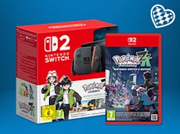 Eine Nintendo Switch 2 und ein Spiel für diese Konsole vor blauem Hintergrund. In der rechten Ecke oben ist ein Herzsymbol in weiß-blau zu sehen.