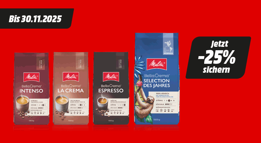Vier Packungen Melitta Bella Crema Kaffee, von Intenso bis Selection des Jahres, auf rotem Hintergrund, mit Rabattwerbung. -25% bis 30.11.2025