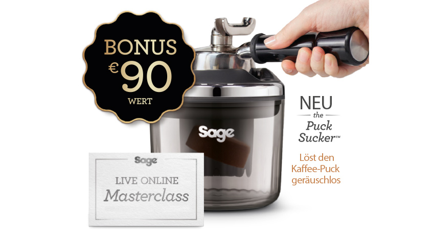 Sage Puck Sucker mit Bonus-Angebot, Live Online Masterclass. Hand bedient den Puck Sucker. Text: "Löst den Kaffee-Puck geräuschlos".