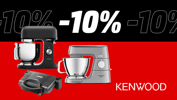 Bild mit schwarz-rotem Hintergrund. In der oberen Hälfte steht -10%. Im Bild befinden sich Produktabbildungen von zwei Küchenmaschinen und einem Toaster. Rechts unten im Bild ist Kenwood-Logo zu sehen.