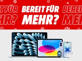 Bild mit rot-grauem Hintergrund. Oben steht: Bereit für mehr? Darunter eine Produktcollage an Apple Produkten.
