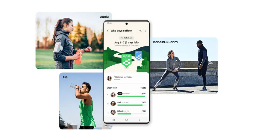 Fitness-App-Anzeige: Smartphone-Oberfläche zeigt Rangliste, umgeben von Fotos von Sportlern beim Training im Freien.