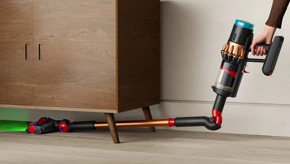 Kabelloser Staubsauger mit flexiblem Rohr, der mühelos Staub unter einem niedrigen Holzschrank entfernt.