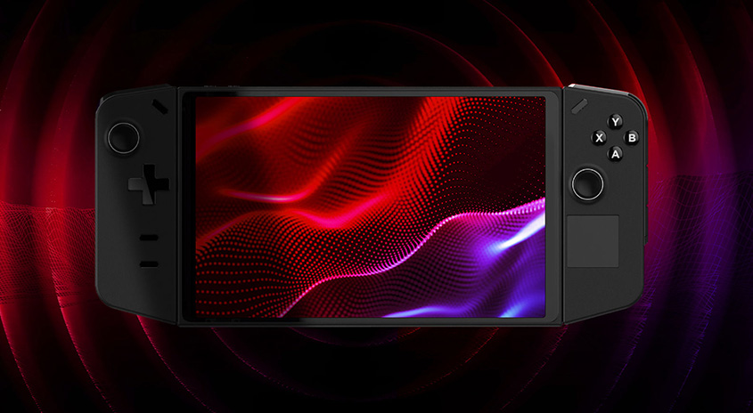 Ein schwarzer Handheld-Spielcomputer mit roter und lila Grafik auf dem Bildschirm vor einem roten Hintergrund.