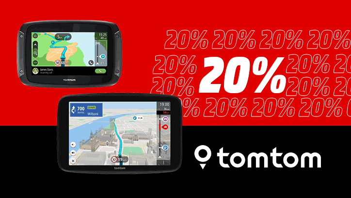 Auf dem Bild sind zwei Navigationsgeräte der Marke TomTom abgebildet. Diese stehen links im Bild, vor einem Hintergrund, der im oberen Bereich rot und im unteren Bereich schwarz ist. Im roten Bereich rechts ist mehrfach in weißer Schrift „10%“ zu sehen. Im schwarzen unteren Bereich steht das TomTom-Logo in weißer Schrift.