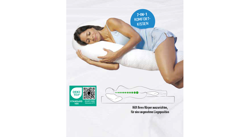 Frau liegt seitlich mit einem großen, weißen 7-in-1-Komfortkissen. Das Kissen unterstützt den ganzen Körper für eine ergonomische und angenehme Liegeposition.
