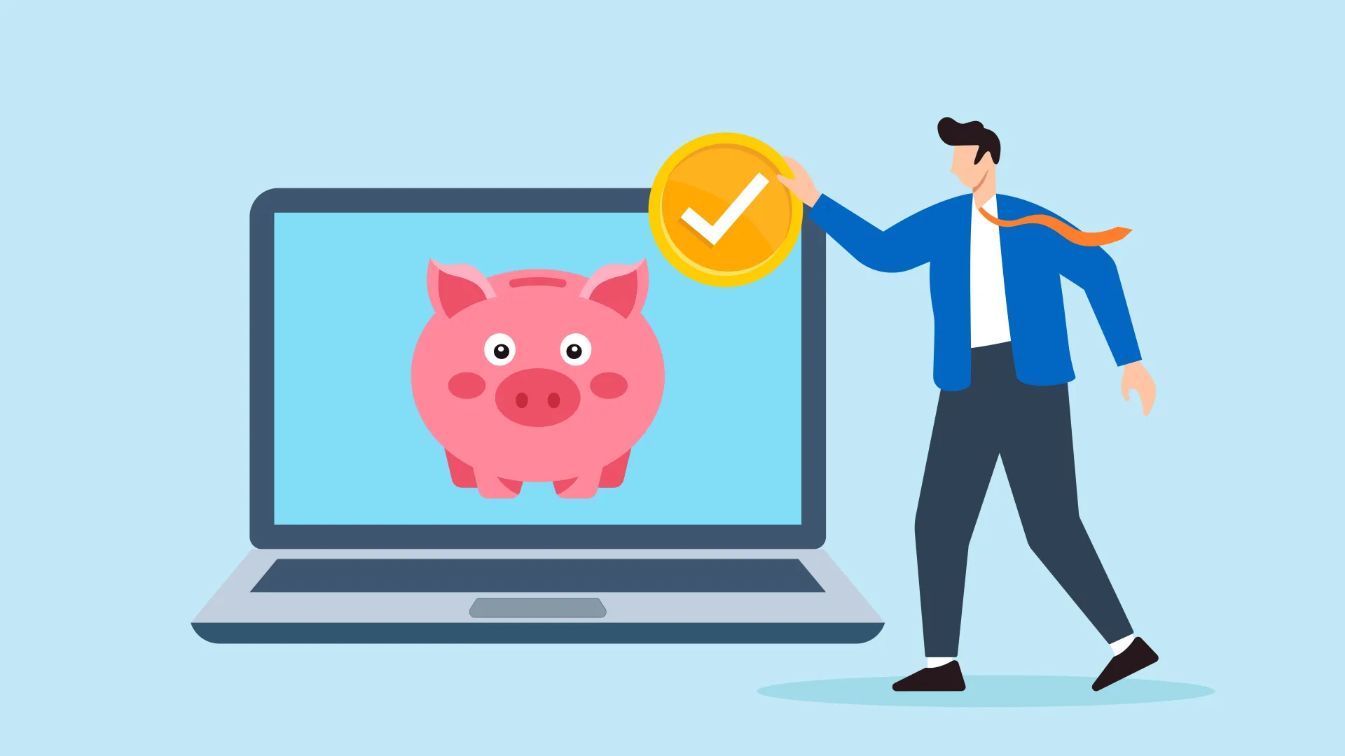 Bild mit Piktogrammen: Person legt eine Münze mit Häkchen vor einen Laptop mit rosa Sparschwein auf dem Bildschirm – Symbol für Vergünstigen und Prämien.
