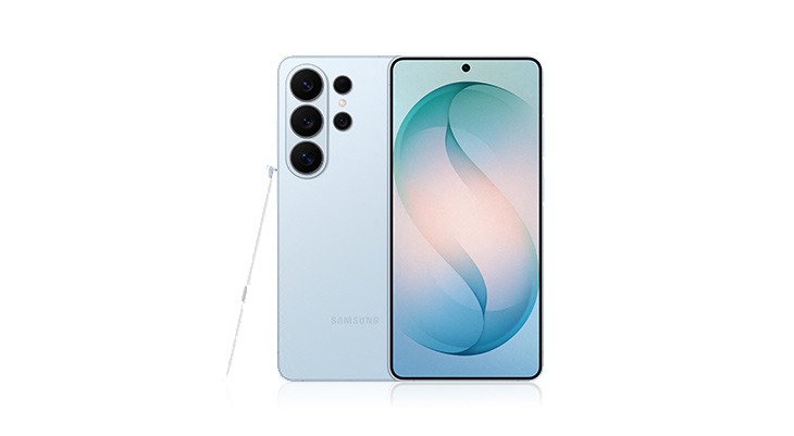 Ein hellblaues Smartphone mit Stift und Kamera-Array auf weißem Hintergrund.