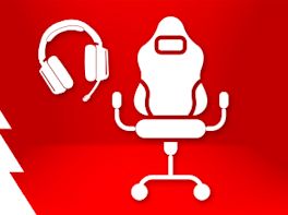 Weißes Piktogramm eines Gaming-Sessels und einem Gaming Headset vor weihnachtlich-rotem Hintergrund.