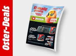 Bild mit grauem Hintergrund. Links davon steht "Oster-Deals" in weißer Schrift vor rotem Hintergrund. Rechts davon einer 3D-Ansicht des Flyers