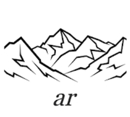 Schwarz weisse Zeichnung von Bergen mit Buchstaben ar darunter