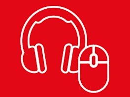 Bild mit rotem Hintergrund, darauf ein Piktogramm in weiß von einem Kopfhörer und einer PC Maus
