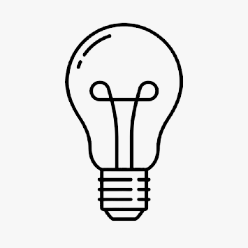 Schwarz-weiße Strichzeichnung einer Glühbirne mit Glühfaden auf einem hellen Hintergrund.