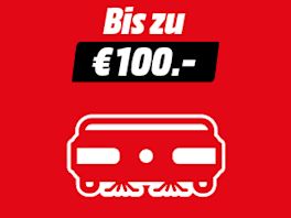 Grafik mit rotem Hintergrund: Oben steht in Weiß „Bis zu €100.-“, darunter ein weißes Icon eines Nass/Trockenreinigers