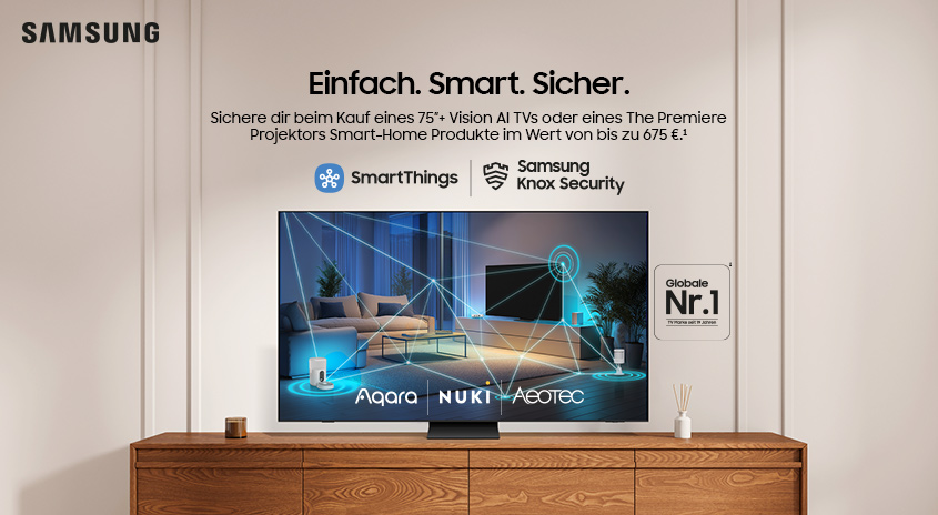 Ein TV auf einem Kästchen stehend-der Screens zeigt Aquara,Nuki und Aeotec.