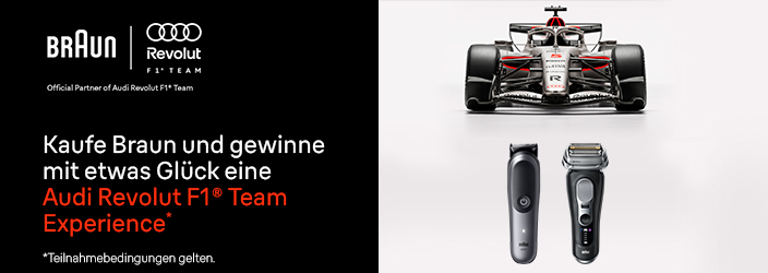 Braun & Audi Revolut F1 Team Gewinnspiel: Kaufe Braun Rasierer und gewinne eine F1 Team Experience mit Rennwagen.