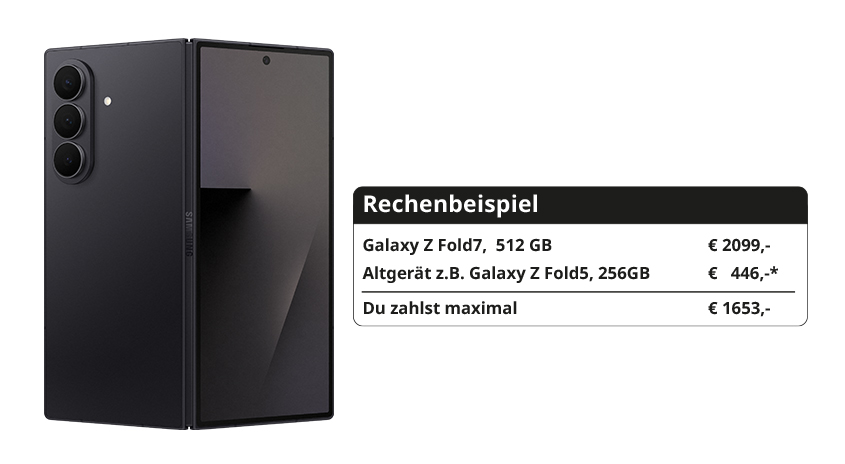 Rechenbeispiel Samsung Galaxy Z Fold7, 512 GB um € 2099,- Minus Altgerät z.B. Galaxy Z Fold5, 256 GB um € 446,-*. Du zahlst maximal € 1653,-