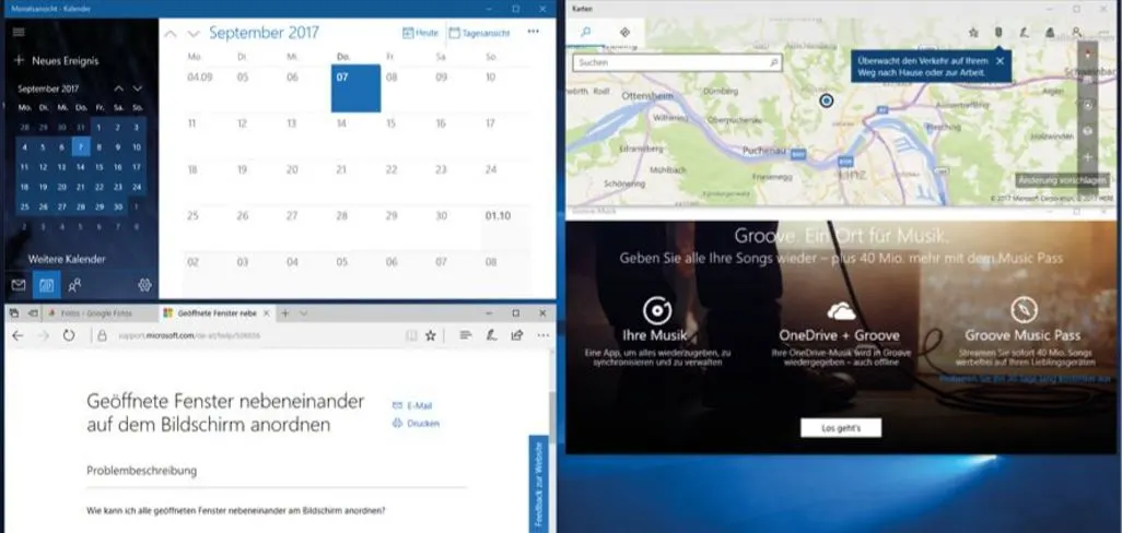 Screenshot mit 4 geoeffneten Fenstern nebeneinander auf einem Windows-Desktop