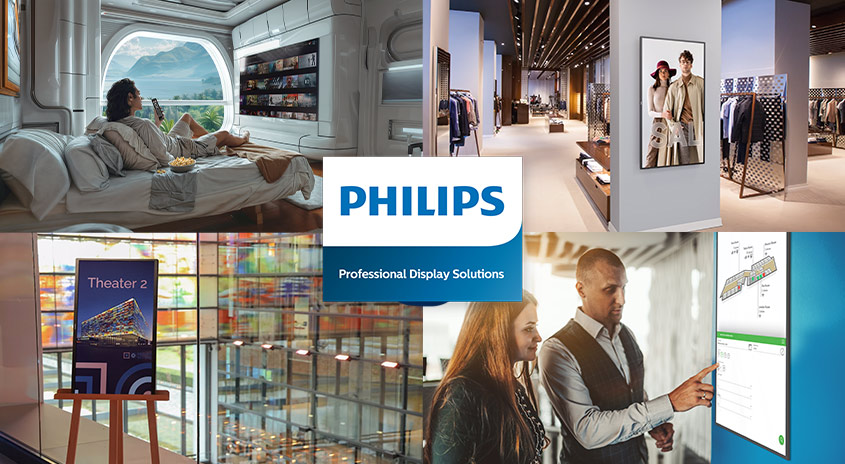 Collage mit Philips-Logo, das Displays in Geschäften, Wohnungen und an öffentlichen Orten zeigt.