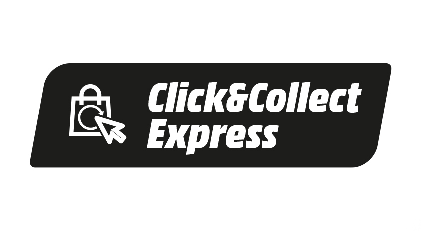 Schwarzes Schild mit weißem Text "Click&Collect Express" und Einkaufstüten-Symbol mit Mauszeiger.
