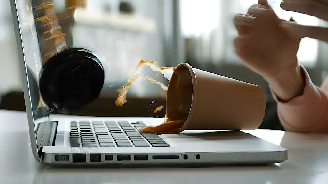 Brauner Kaffee spritzt aus umgekipptem Pappbecher auf silbernen Laptop. Eine Hand ist sichtbar; der Bildschirm zeigt eine dunkle Reflexion.