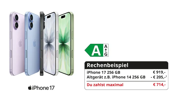Werbung für das iPhone 17 in vier Farben. Rechenbeispiel zeigt: Preis 919€ minus 205€ Trade-In-Rabatt ergibt 714€. Mit Energieeffizienzlabel A.