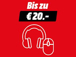 Roter Hintergrund mit Text: Bis zu € 100,-. Darunter ein Iconbild von einem Kopfhörer und einer Maus.