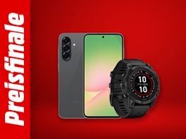 Bild mit rotem Hintergrund. Links steht: Preisfinale, daneben das Produktbild eines Smartphones und Smartwatches.