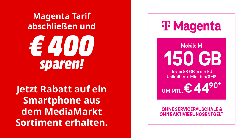 Magenta Angebot: 400 € sparen. Rabatt auf Smartphone. Mobile M: 150 GB, 44,90 € mtl., ohne Servicepauschale.