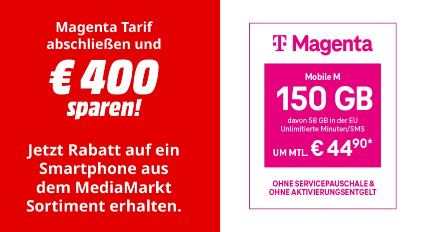 Magenta Angebot: 400 € sparen. Rabatt auf Smartphone. Mobile M: 150 GB, 44,90 € mtl., ohne Servicepauschale.