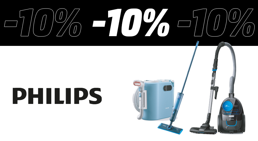 Werbebanner: Oben mehrfach der Schriftzug ‚-10 %‘, darunter großes Philips-Logo und drei blaue Philips-Bodenpflegegeräte wie Staubsauger und Dampfreiniger.