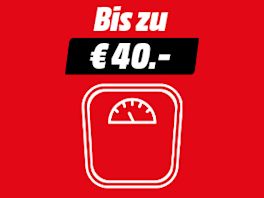 Grafik mit rotem Hintergrund: Oben steht in Weiß „Bis zu €40.-“, darunter ein weißes Icon einer Personenwaage
