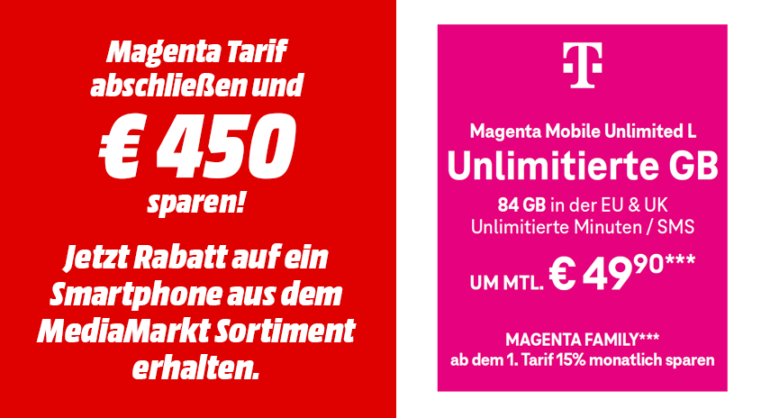Magenta Mobile Unlimited L: Unbegrenztes Datenvolumen, 84 GB in EU und UK sowie unbegrenzte Minuten und SMS für 49,90 Euro monatlich. Bis zu 450 Euro Smartphone-Rabatt beim Tarifabschluss.