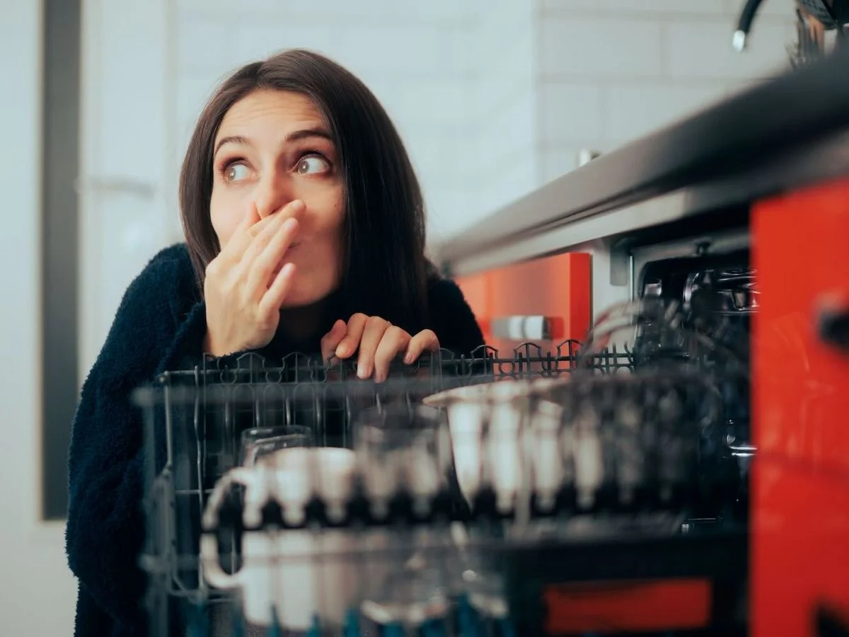 Ein Bild von einer Frau die sich neben einem Geschirrspüler die Nase zuhält