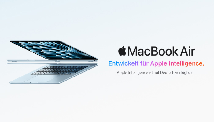 MacBook Air in Silber, seitlich aufgeklappt mit blauem Bildschirmmuster; daneben Text „MacBook Air – Entwickelt für Apple Intelligence. Apple Intelligence ist auf Deutsch verfügbar“ auf hellem Hintergrund.