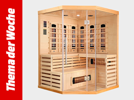Eck-Infrarotkabine aus hellem Holz mit Glasfront, Sitzbänken und sichtbaren Heizpaneelen; links roter Balken „Thema der Woche“.