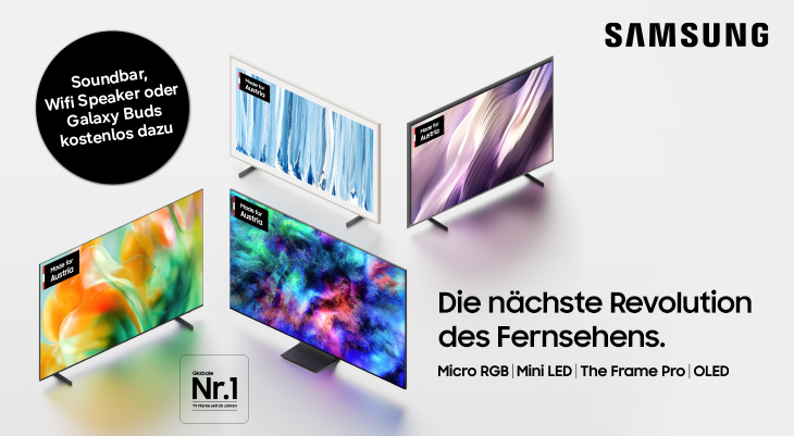 Samsung TV-Werbung mit vier verschiedenen Fernseher-Modellen. Angebot: Soundbar, Wifi Speaker oder Galaxy Buds kostenlos dazu. Text: 'Die nächste Revolution des Fernsehens