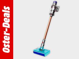 Bild mit grauem Hintergrund. Links davon steht "Oster-Deals" in weißer Schrift vor rotem Hintergrund. Rechts davon ein Sticksauger